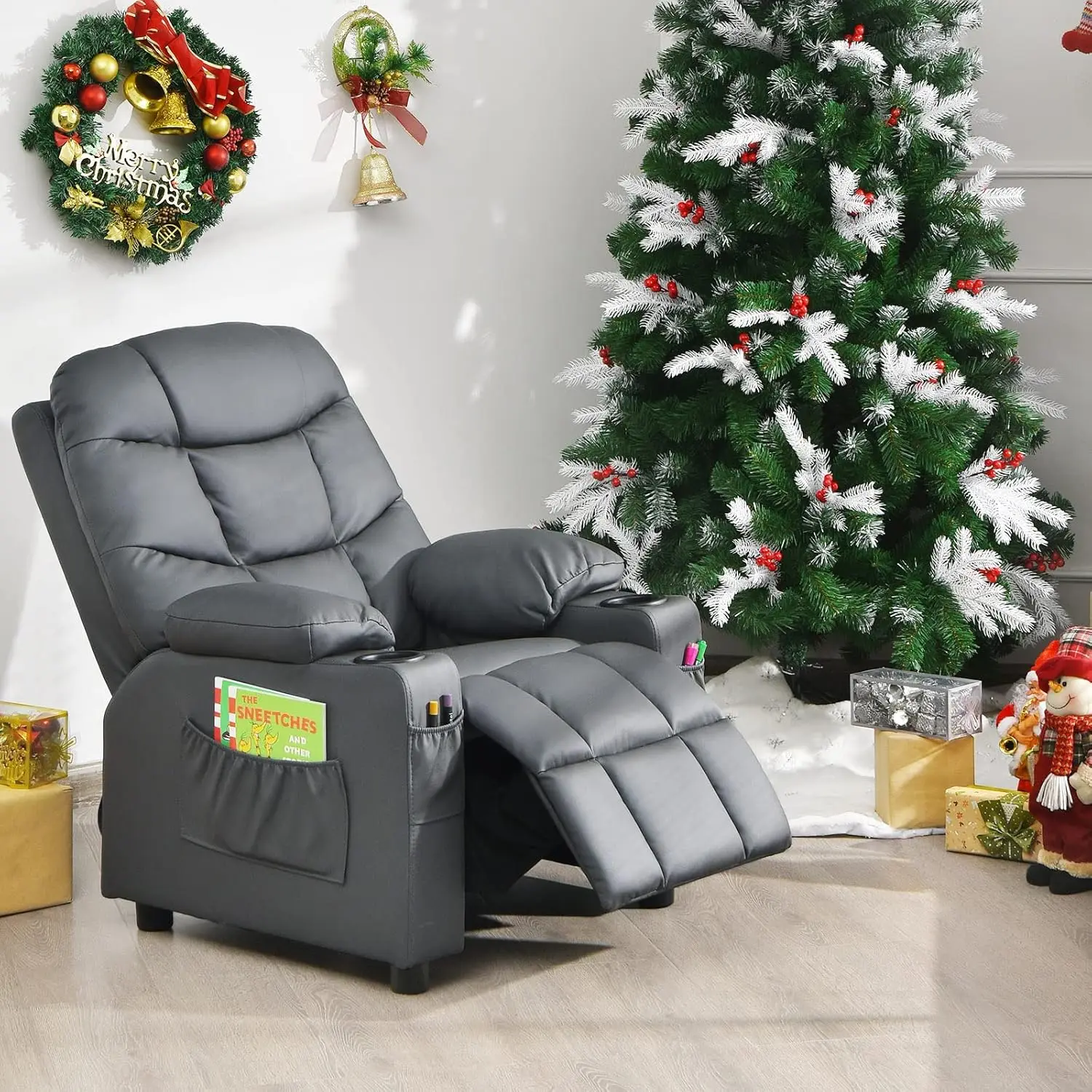 Kids Recliner Chair with Cup Holder, Adjustable Lounge Chair w/Footrest & Side Pockets for Children Boys Girls Room, Ergonomic T