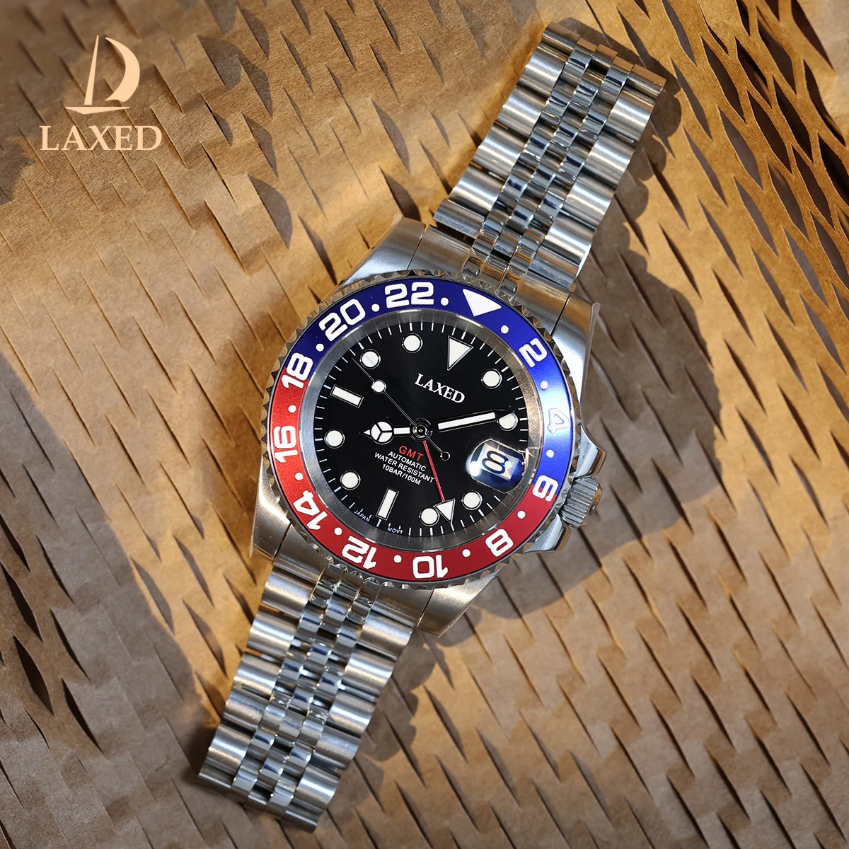 

LAXED 40 мм NH34A мужские автоматические часы с функцией GMT светящийся черный циферблат с сапфировым стеклом автоматический браслет с датой вращающееся стекло