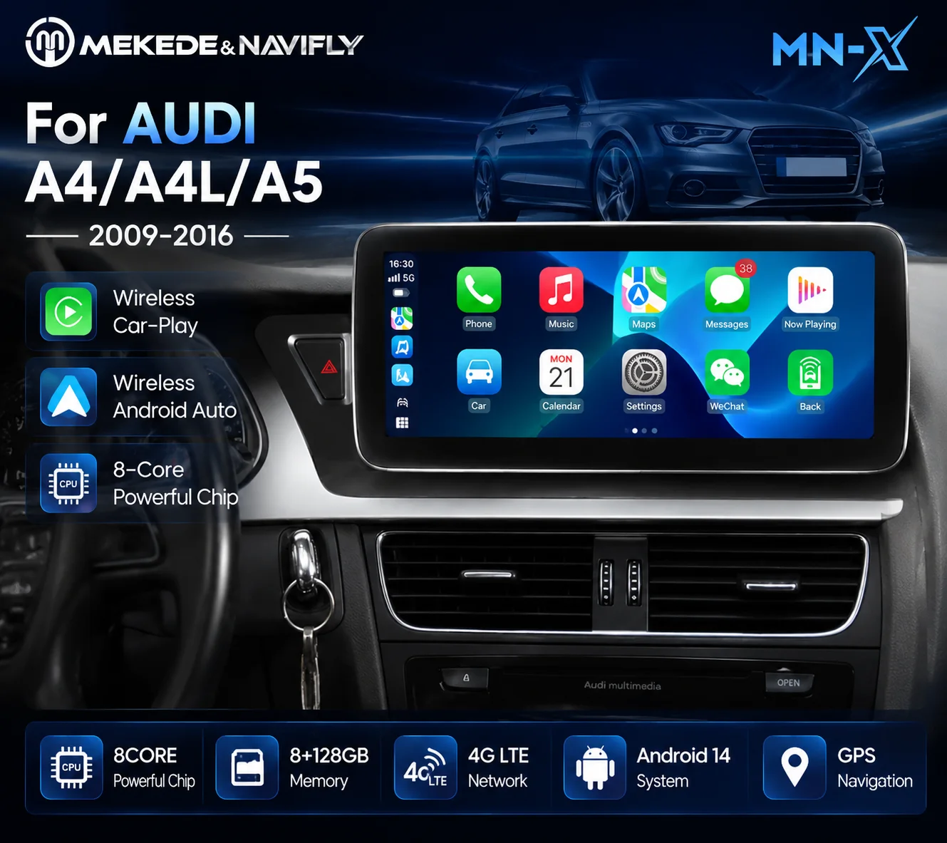 MEKEDE EU Warehouse Android 14 Pantalla táctil de 10.25 pulgadas Inalámbrico CarPlay Android Auto Radio de coche de 8 núcleos 2 Din para Audi A4 A4L B8 A5 2009-2018 Navegación GPS FM Audio Estéreo Reproductor multimedia central Sistema de audio inteligente para coche 1