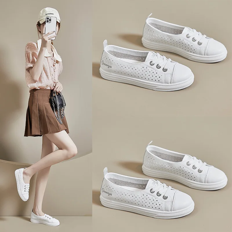 Zapatos transpirables de punta redonda para mujer, zapatillas informales que combinan con todo, a la moda zapatos de tenis, vestido pequeño, 2024