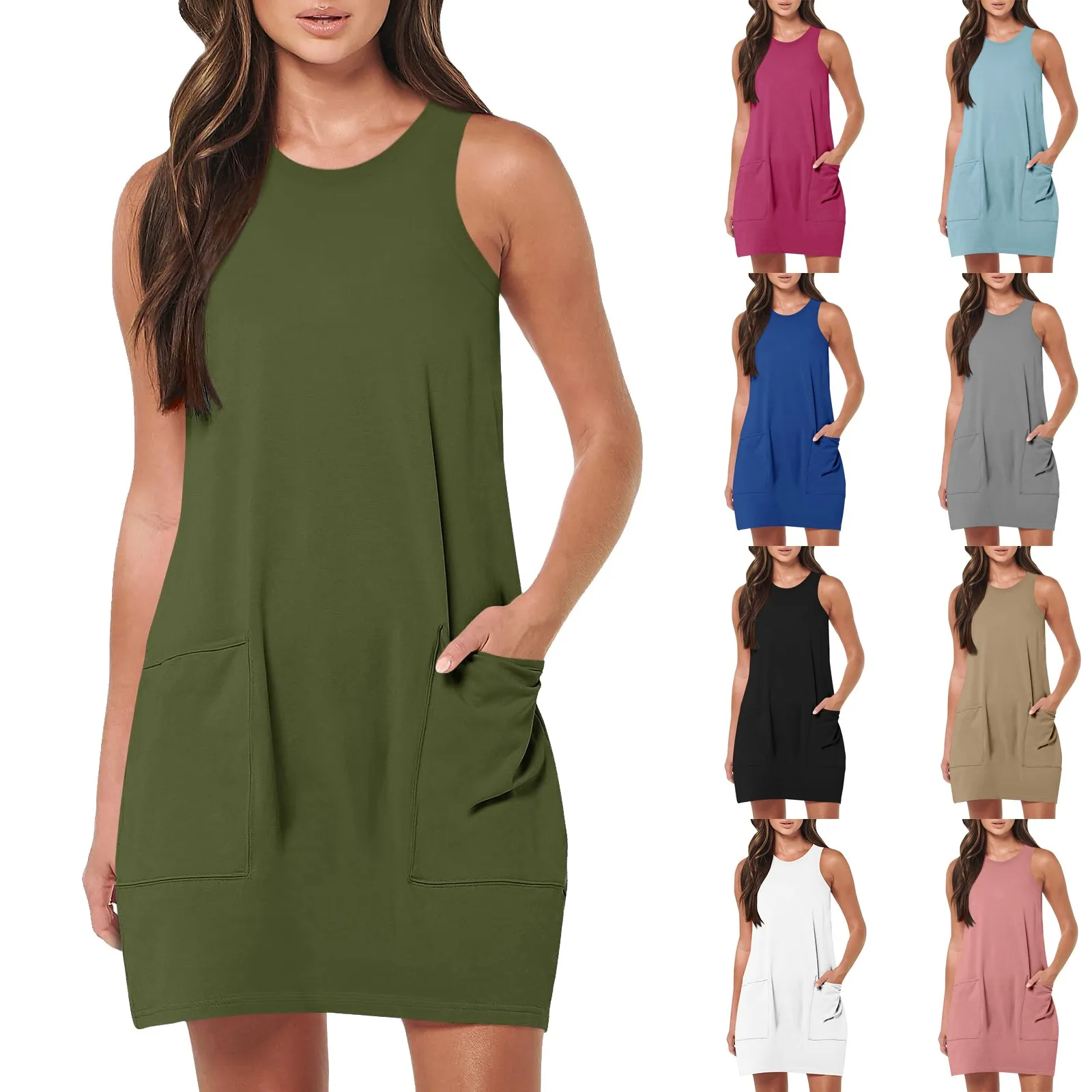 Vestido de verano informal de color sólido para mujer, vestido Vintage sin mangas con cuello redondo y bolsillos, vestidos cortos sin mangas para vacaciones en la playa