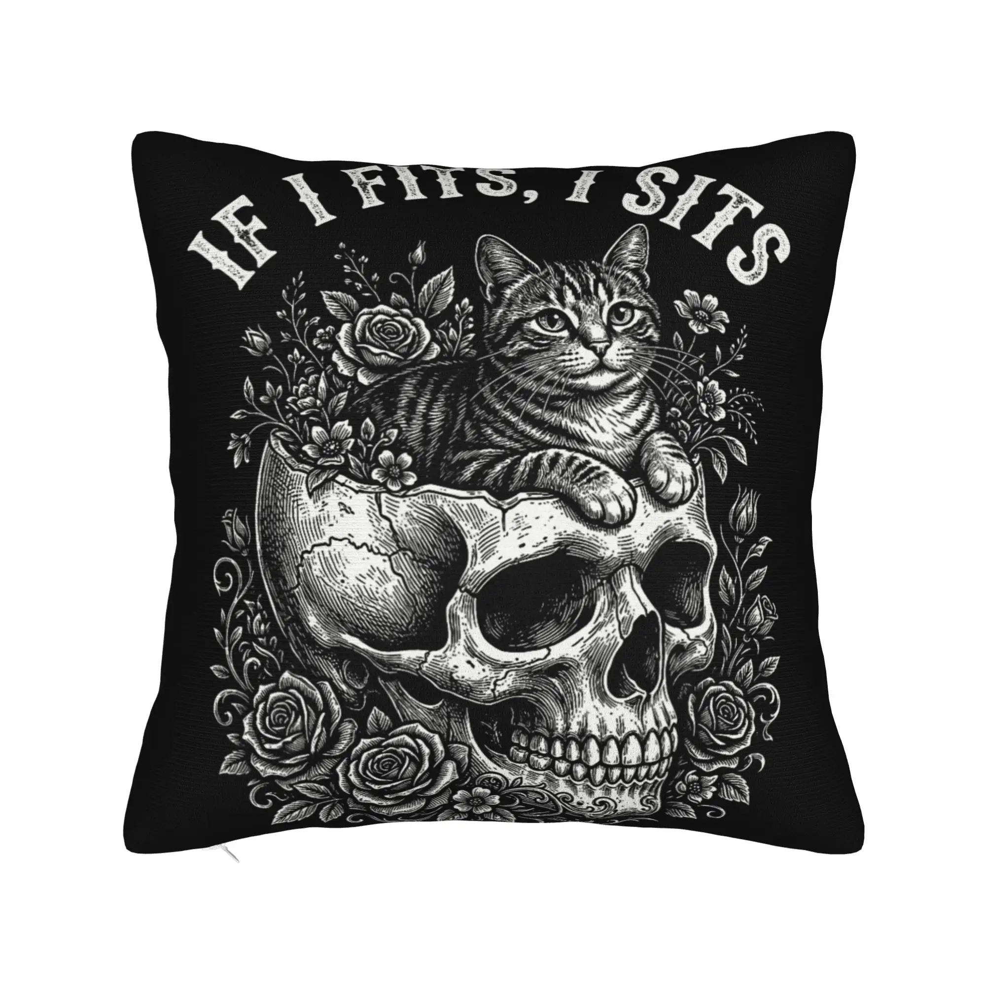 Pillow Case If It Fits I Sit Black Cat Skull Minimalist Meme Humor Comfy  Pillow Cover For Sofa Bed Retro Trendy Pillowcases