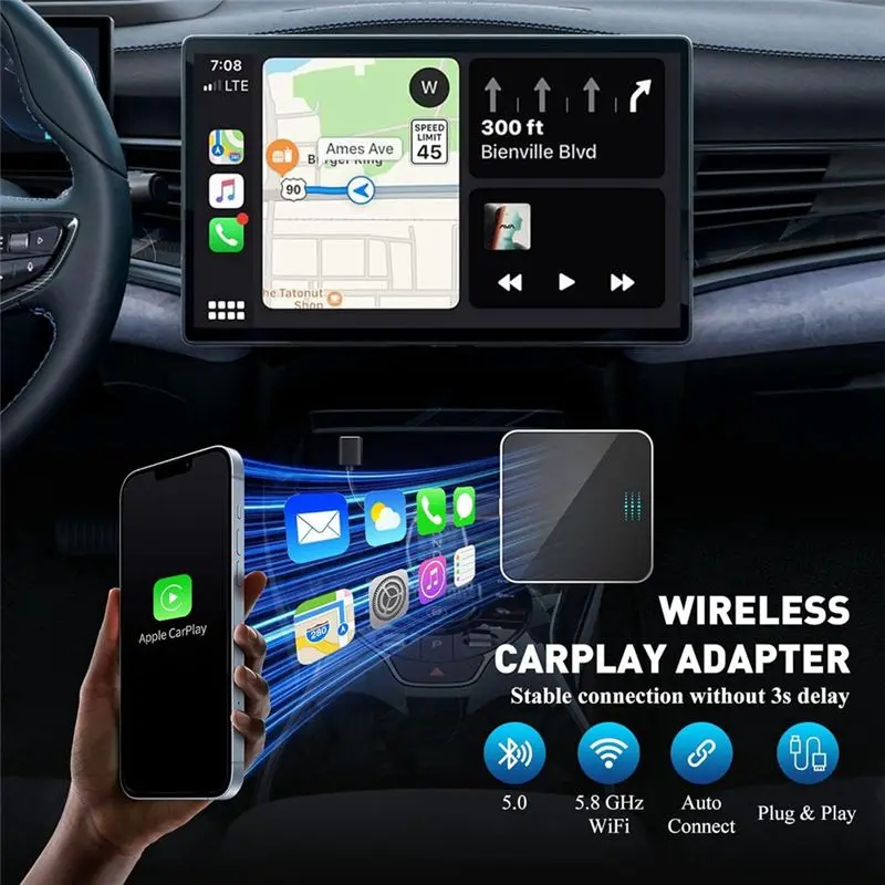 Adattatore Wireless Carplay A71Z, Plug and Play da Cablato a Wireless, Compatibile con Auto dal 2015 e per iOS 10+