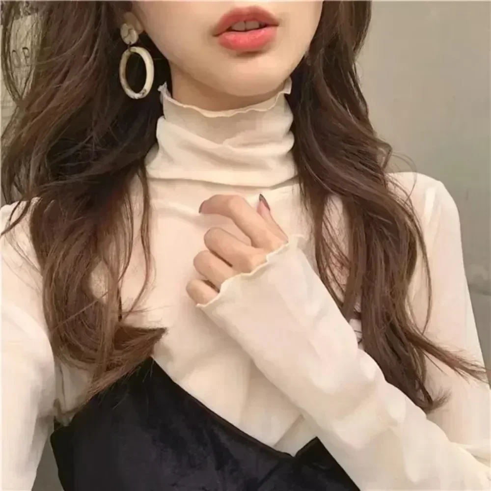 Fashion Women Solid T Shirt Transparent Mesh T-Shirt Sexy Club Party Thin Female Blouse Long Sleeve Tops