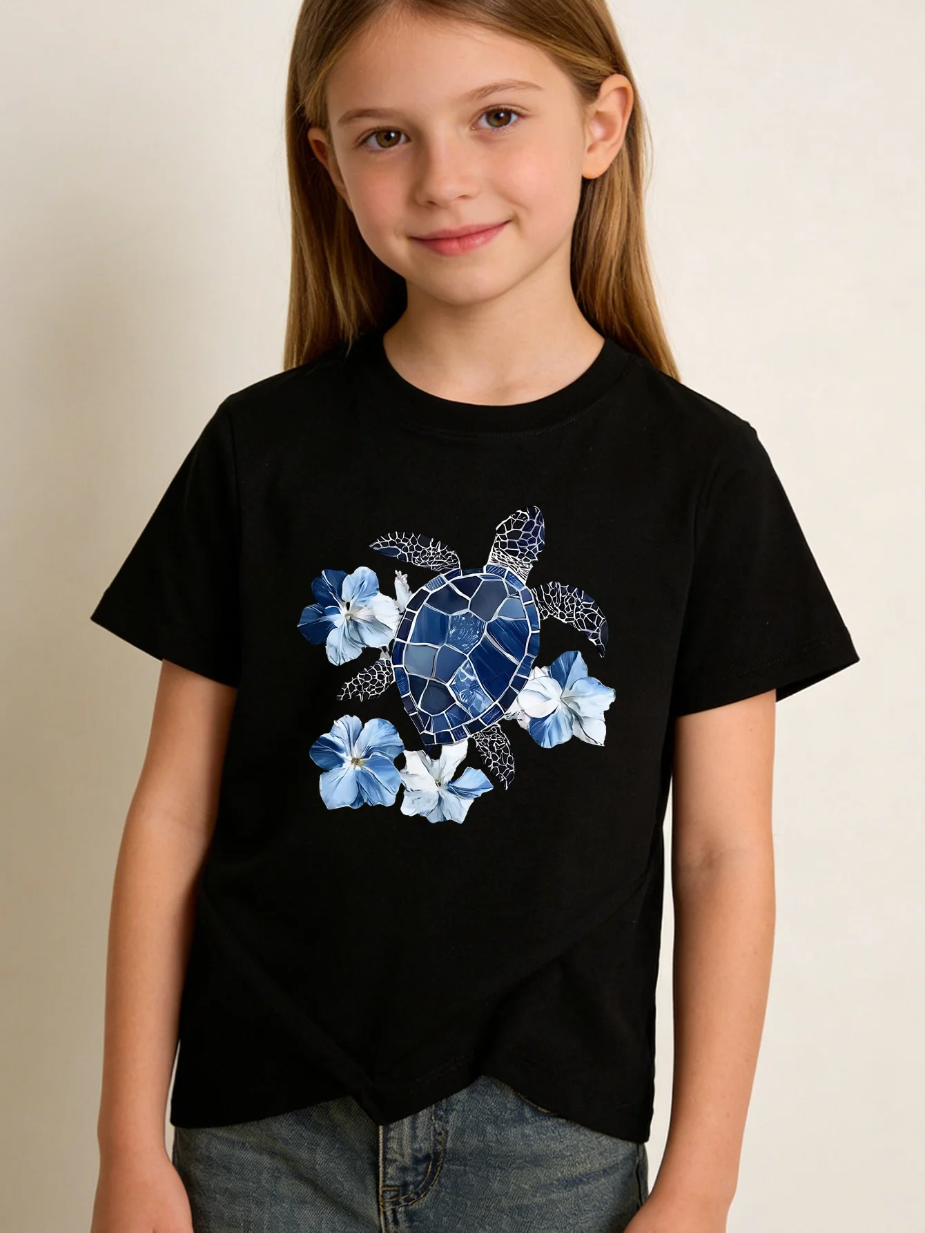 Vintage Floral Blue Sea Turtle Ocean Wildlife Art Print Kids T Shirt Boys Girls Family Matching Summer Crew Neck Casual Tee