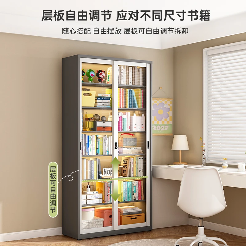 Household wrought iron bookshelf sliding door dust-proof glass bookcase with lock display cabinet living room multi-layer floor