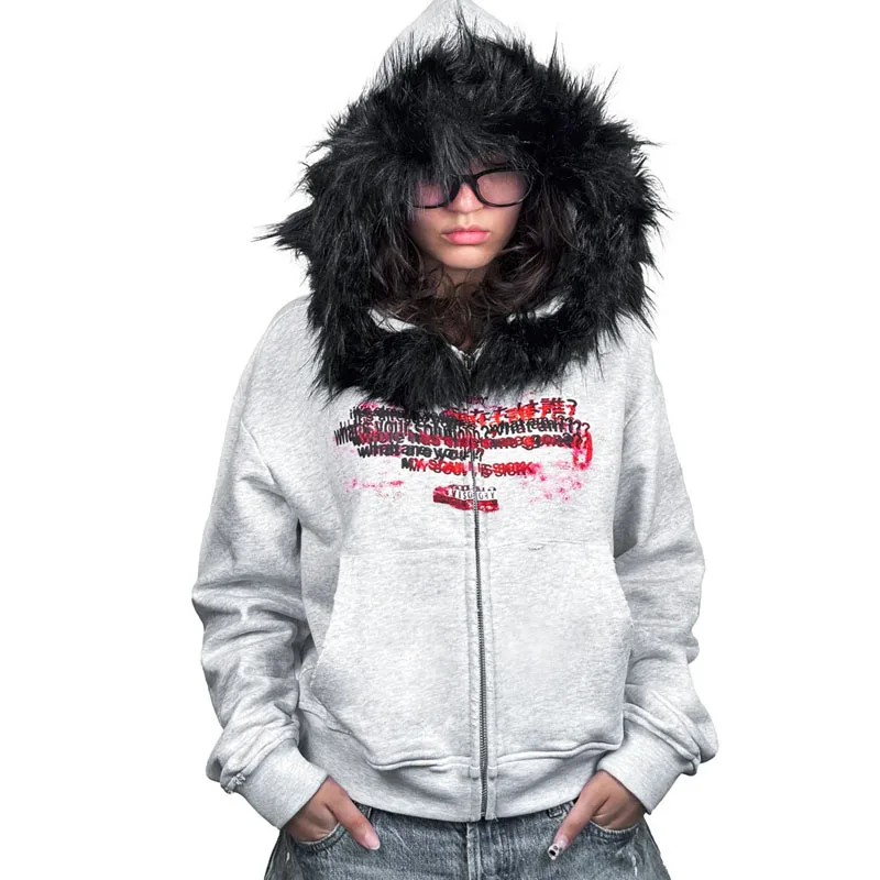 تصميم أزياء الخريف والشتاء الأوروبية والأمريكية لعام 2025 على الطراز الداكن المطبوع في الشارع بتصميم عتيق قابل للفصل مع قلنسوة من القطيفة