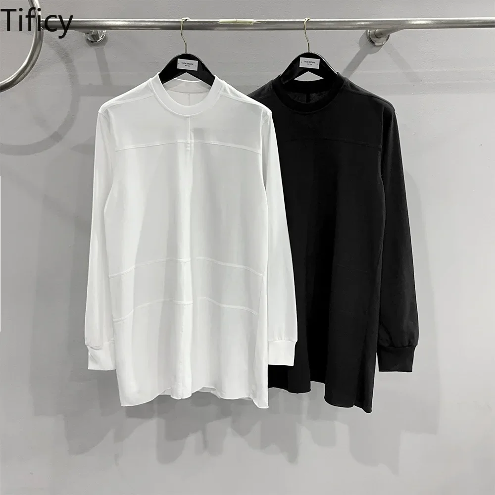 TIFICY Men Cotton Tees Early Autumn Light Mature Casual Patchwork Design Loose Solid Color Neutral Base Long Sleeve T-shirt Tops