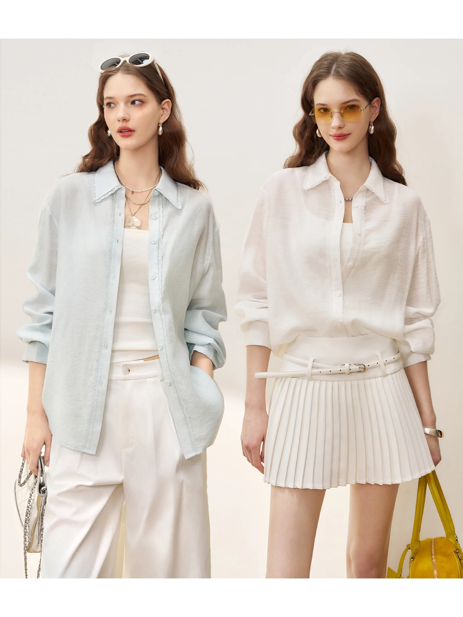 

Evelyn Lady Lenzing Lyocell Linen Ruffle Collar Spring Shirt Top French Style Loose Fit Pure Color Button Placket Female Youth