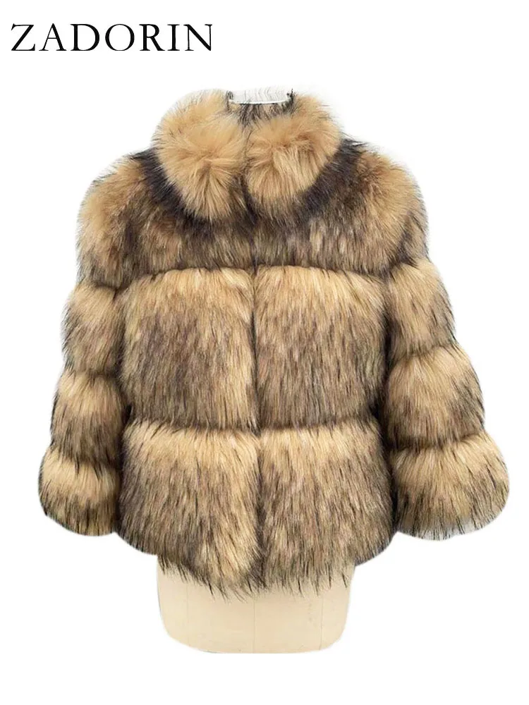 ZADORIN Luxury Winter Jacket Women Stand Collar Three-quarter Sleeve Fluffy Warm Faux Raccoon Fur Coat Cropped Jacket Tops Coats