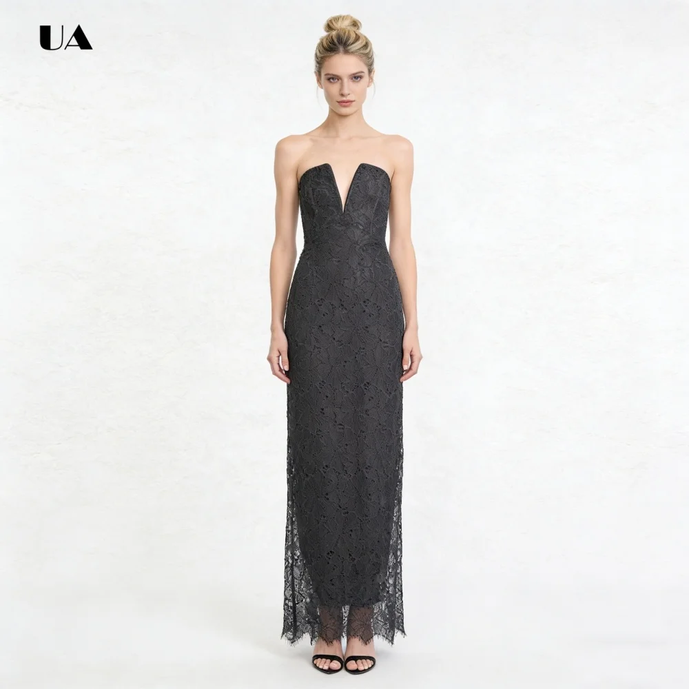 ULBYANRY Sleeveless Column Prom Dress, Solid Lace Evening Dress with Back Slit, Simple V-neck Customized Party Gowns for Women