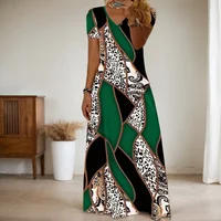 Moda mujer ropa vestidos Vintage cuello pico Patchwork estampado de leopardo de manga corta de talla grande pulóver vestidos largos para mujer