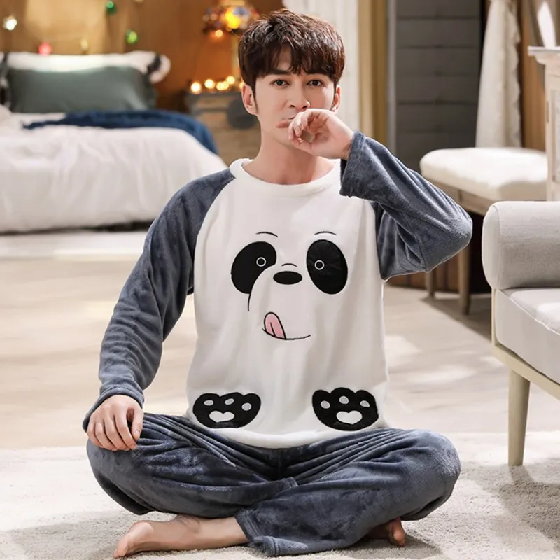 Thickened Warm Spring Fall and Winter Pajamas 2PCS/Set Men and Women Couple Homewear Flannel Long-Sleeved Cartoon Soft Nightwear