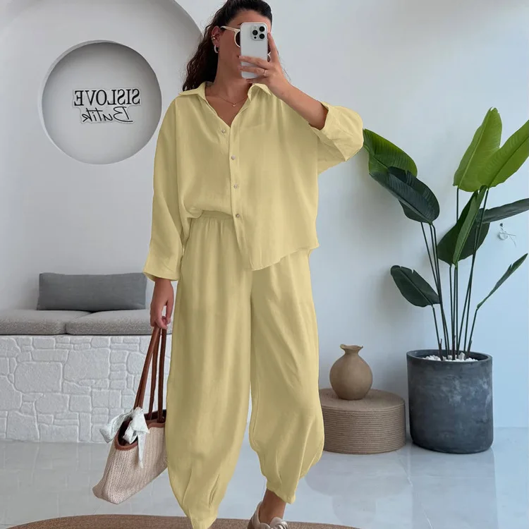 

Casual Minimalist Fashion Shirt Set, Lapel Long-sleeve Shirt and Trousers Two-piece Outfit