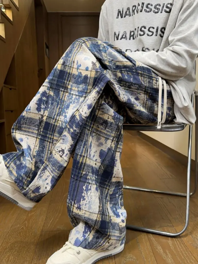 

American Retro Tie Dye Plaid Men's Spring Autumn Folded Design Functional Paratrooper Pants Youthful Haome Straight Leg Jeans