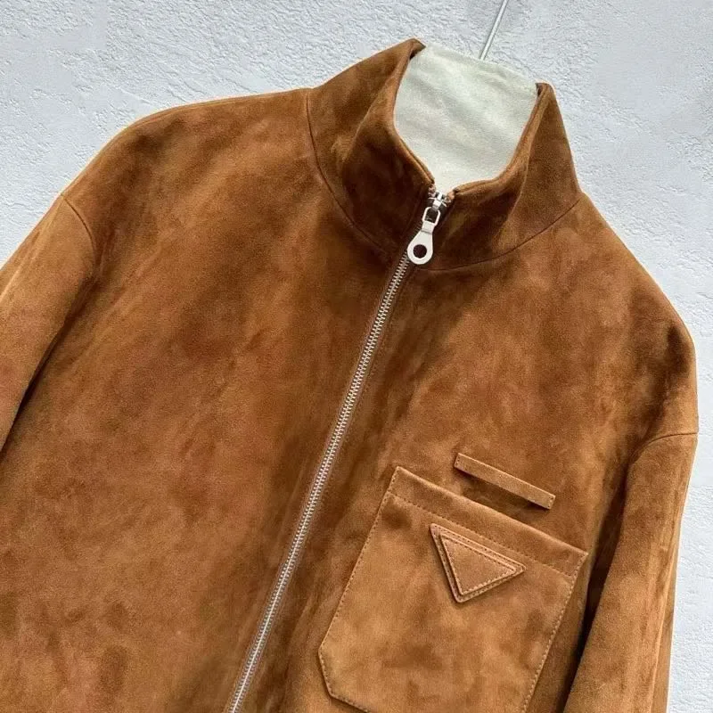 Damen-Jacke aus Wildleder, Stehkragen, hochwertig, langärmelig, Herbst 2025, modischer, kurzer Mantel