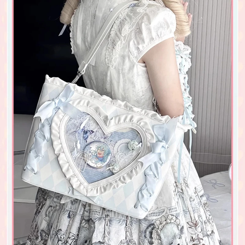 Japanese Original Romantic Ita Bag Girls Women's Rhombus Ribbon Large Capacity Student Shoulder Bag Elegant Lolita Tote Handbags