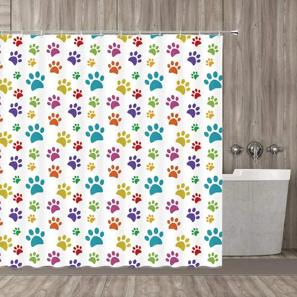 Funny Dog Shower Curtains Cute Cartoon Animal Paw Print Bones Children Bathroom Decor Polyester Fabric with Hooks Bathtub Screen