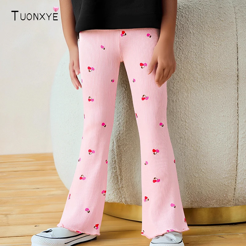 TUONXYE Toddler Baby Girls Cherry Print Flared Leggings, Pink Ribbed Bell Bottom Pants, Kids Elastic Waist Casual Trousers