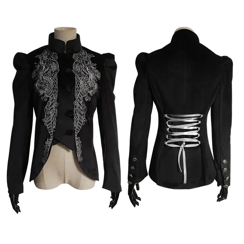 

Women Gothic Riding Jacket Coat Black Velvet Lace Steampunk Victorian Style Jacket Medieval Vintage Overcoat Outwear 4XL