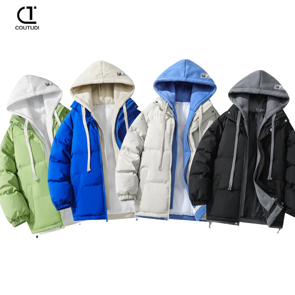 COUTUDI-Women\'s Winter Down Jacket, Korean Fashion, Y2k Fake Two Hoodies, Loose Cotton Coat Female Outdoor Casual Bread Clothing