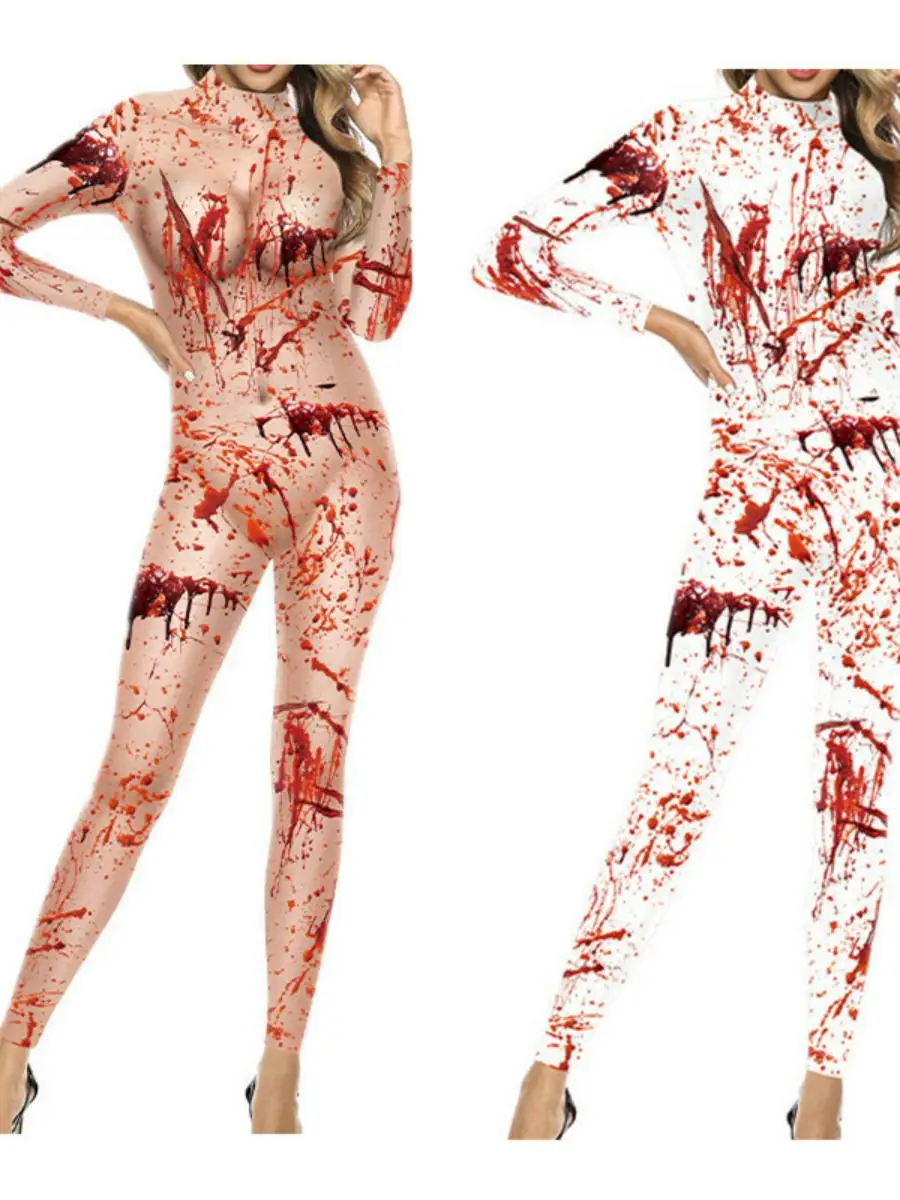 

New 2024 Halloween Stage Performance Costume Men's Tight One-Piece Suit Bloodstain Print Funny Costume for Men And Women