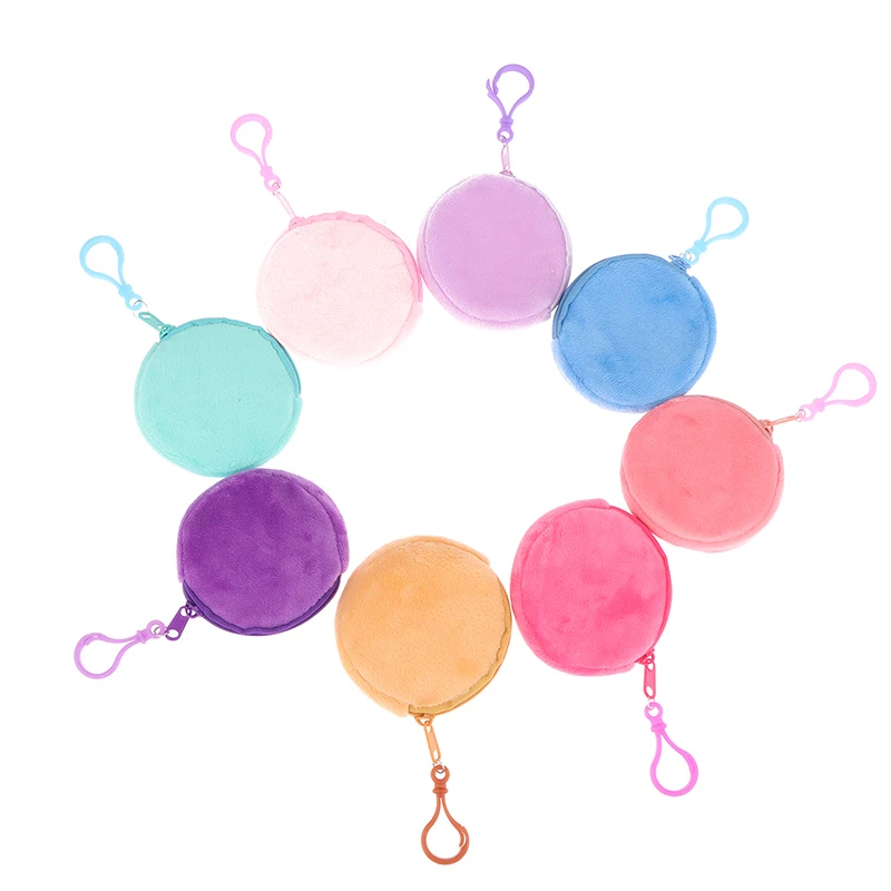 Candy Color Round Plush Coin Purse Women Cute Solid Color Change Pouch Wallet Keychain Portable Earphone Storage Bags