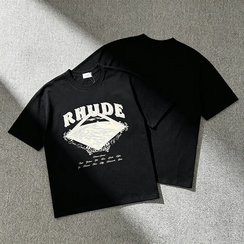 2026 New RHUDE Men Coast Scenery Graphic T Shirt Diamond Floral Letter Black Short Sleeve Street Top