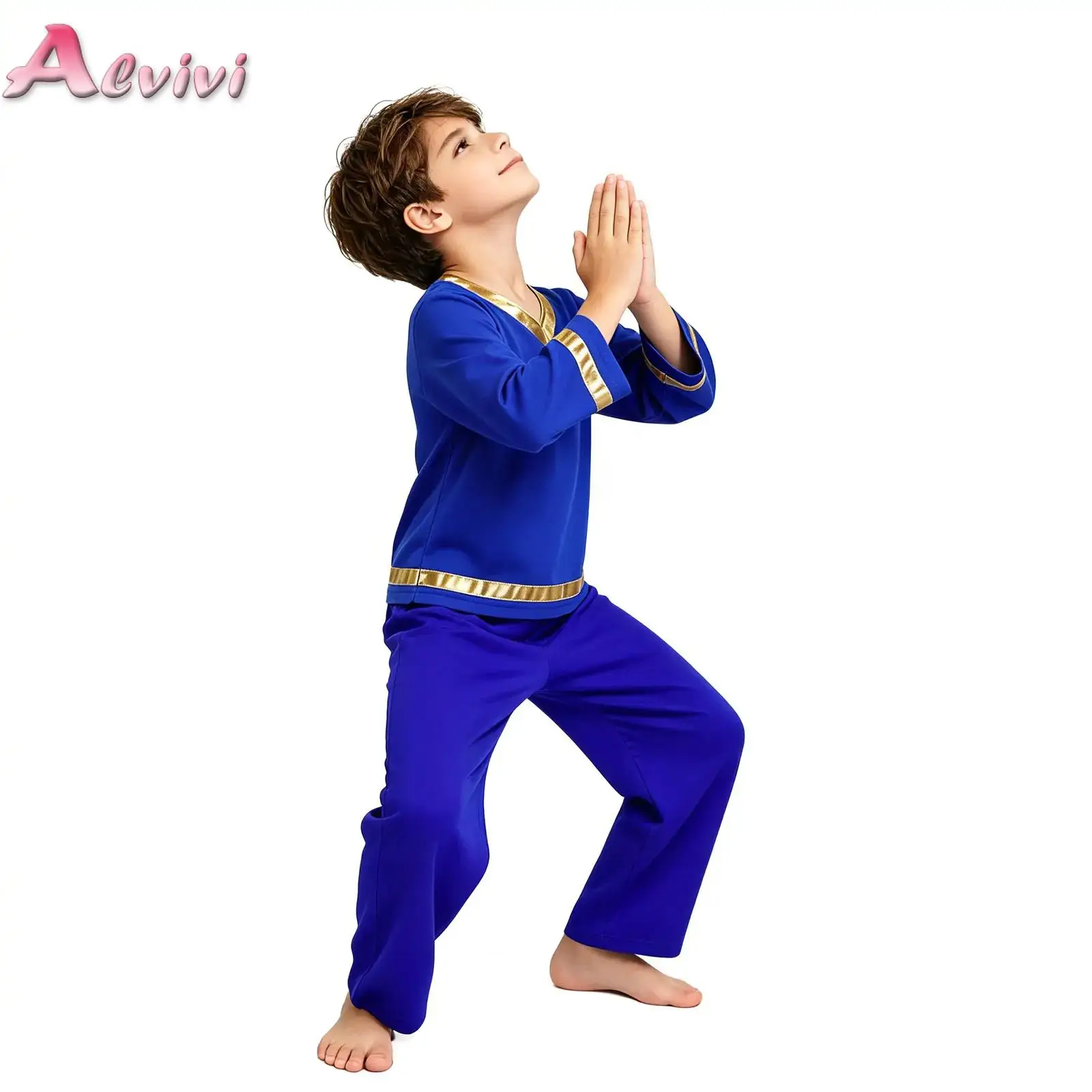 Kids Boys Church Choir Worship Costume Liturgical Praise Lyrical Dance Performance Dancewear Shiny Metallic Tunic Top+Pants Set