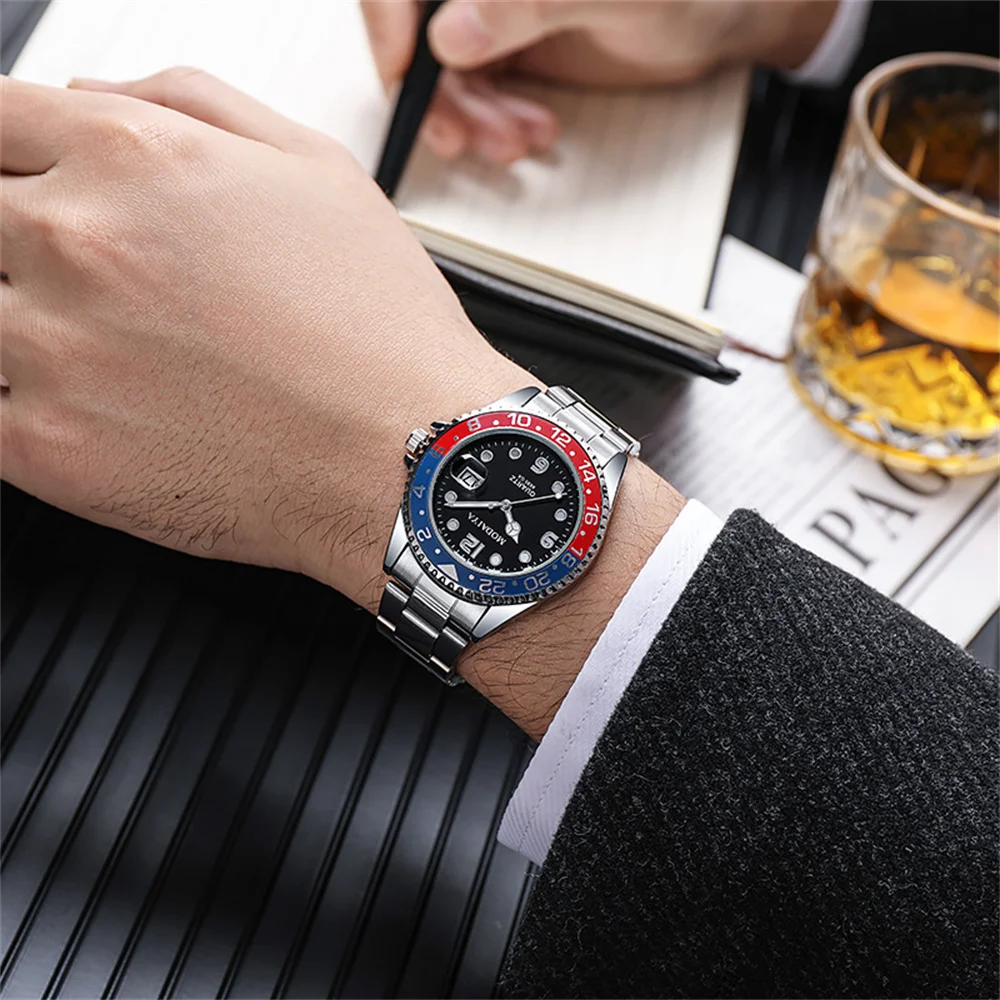 Business Men Classic Diver Style Watch Fixed Bezel Date Stainless Steel Strap Daily Life Waterproof Quartz Wristwatch