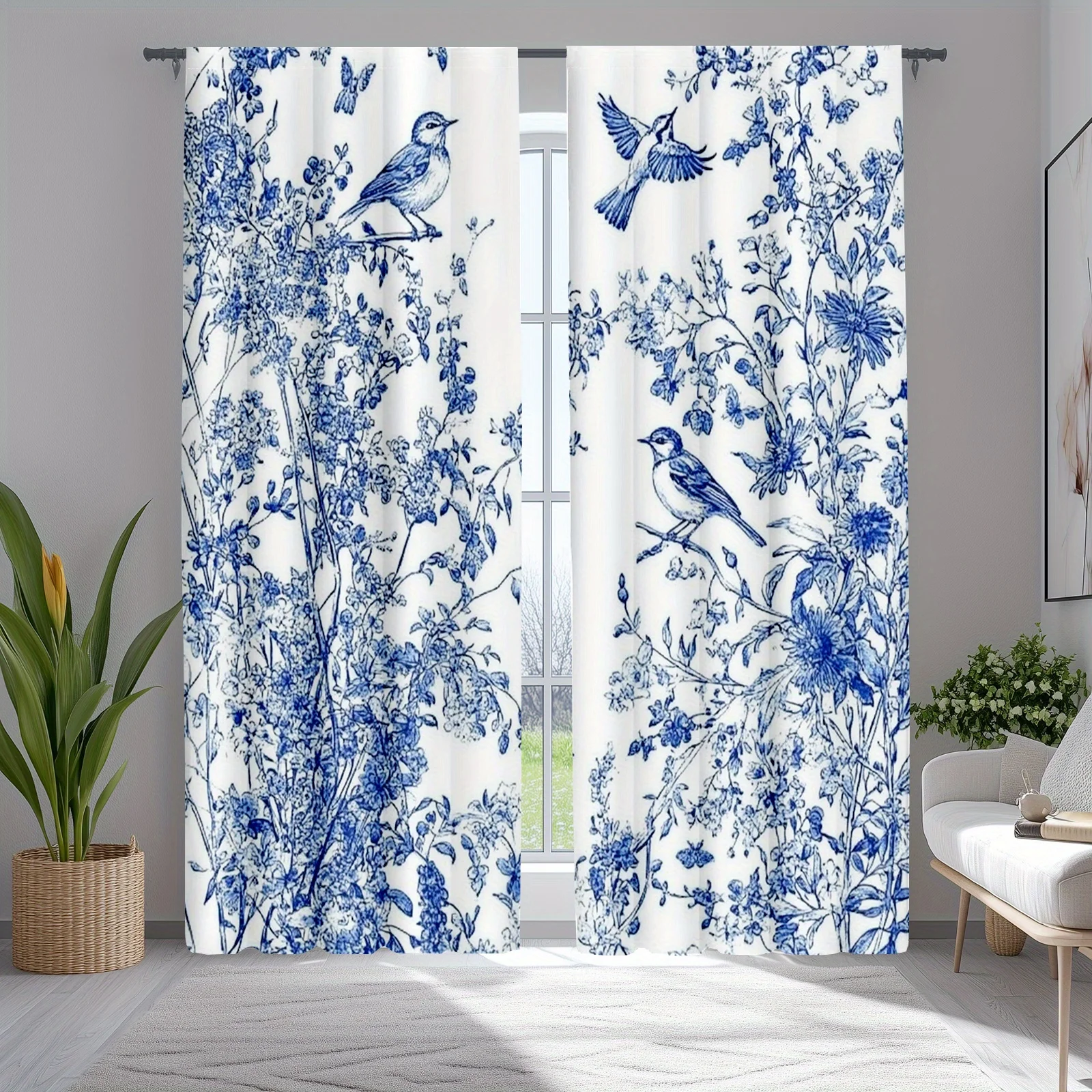 Elegant Blue and White Floral Bird Print Curtains Watercolor Botanical Sketch Style Curtains Drapes for Living Room Bedroom Home