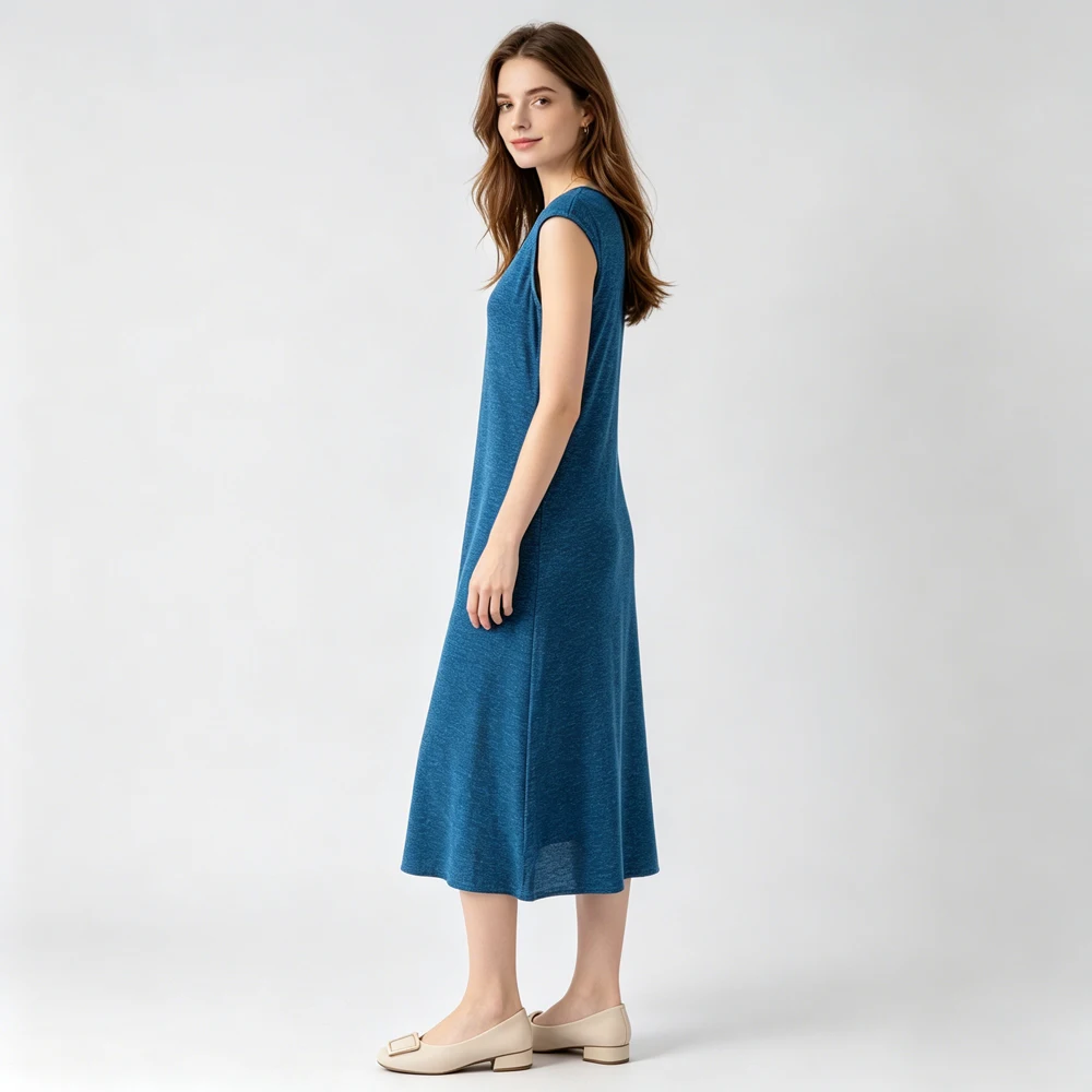 Women's Casual Summer New Slant Cut 100% Natural Mulberry Silk Crepe De Chine Round Neck Short Sleeved Blue Printed Dress