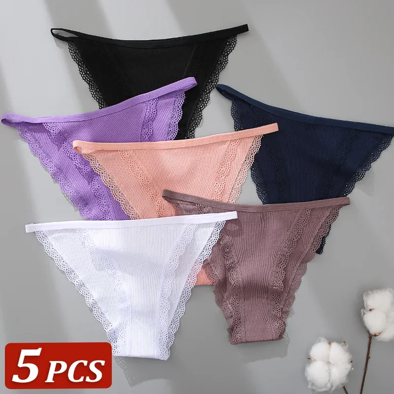 5 Teile/satz Sexy Spitze Baumwolle Solide Briefs Für Frauen Bequeme Höschen Weibliche Weiche Unterwäsche Atmungsaktive Intime Dessous FINETOO