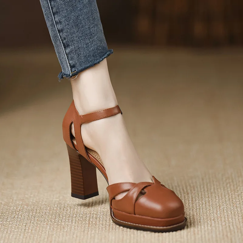 

Women's Black/Apricot/Reddish Brown Ankle Strap Pointed Toe Block Heel Pumps Daily Office Evening Party 12cm High Heels Q-066