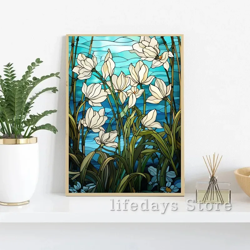 Floral Stained Glass Tulip Sakura Snowdrops Sunflower Rose Poster Canvas Printing Wall Art Picture for Living Room Home Decor