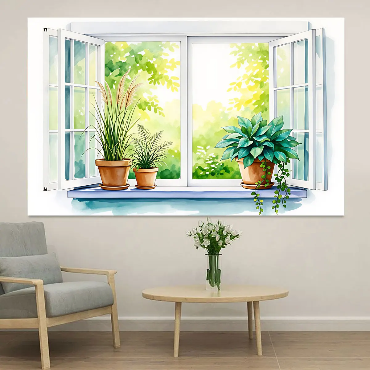 1pc Watercolor Windowsill Potted Plant Landscape Wall Sticker Self Adhesive PVC Mural For Living Room Bedroom Home Wall Art D