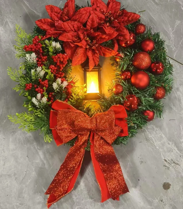 40 cm Weihnachtskranz mit Laterne, Haustürgirlande mit großer Schleife, saisonale Verzierung, Weihnachtsdekoration für Haustürwand – Detail 7