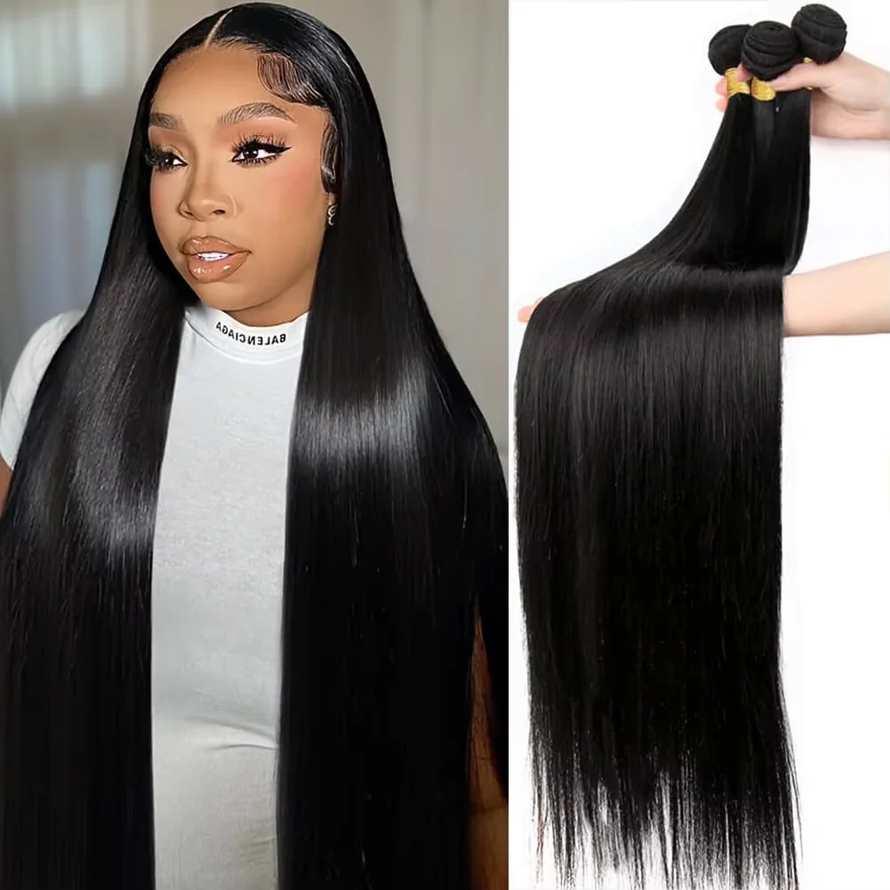 

30 40 Inch Bone Straight Human Hair Bundles Deal Brazilian Virgin 1/3/4/5 Bundles Raw Hair Double Weft Extensions Natural Color
