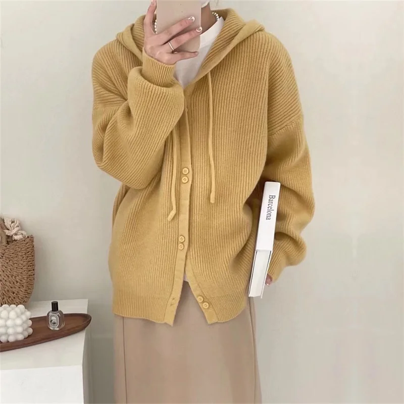 Women's Korean Hooded Sweater Knitted Cardigan Long Sleeve Top Knitwear Loose Candy Color Sweaters Autumn Winter Clothes 2024