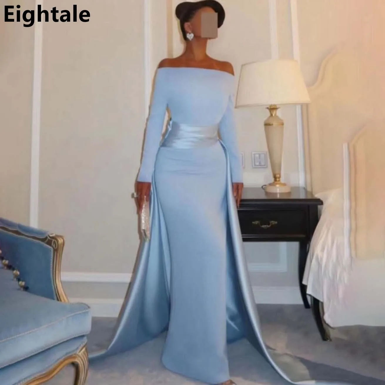 

Eightale Light Blue Saudi Evening Dress Off Shoulder Long Sleeve Mermaid Women Party Prom Dresses Dubai 2025 Customized