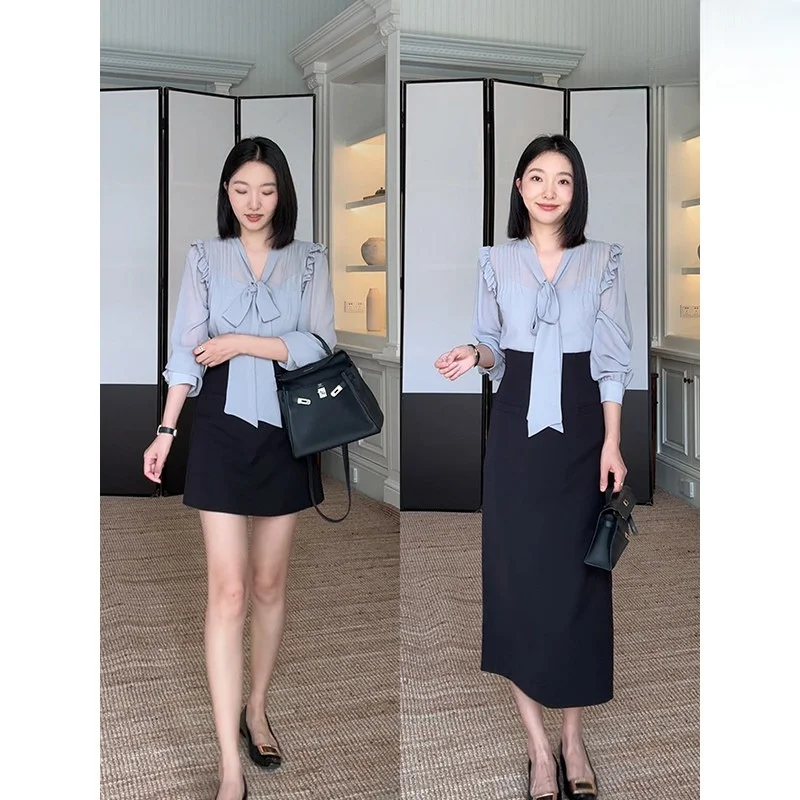 

Универсальный комплект для ранней осени: блузка и юбка средней длины из полиэстера для женщин, стильный и удобный для повседневной носки.