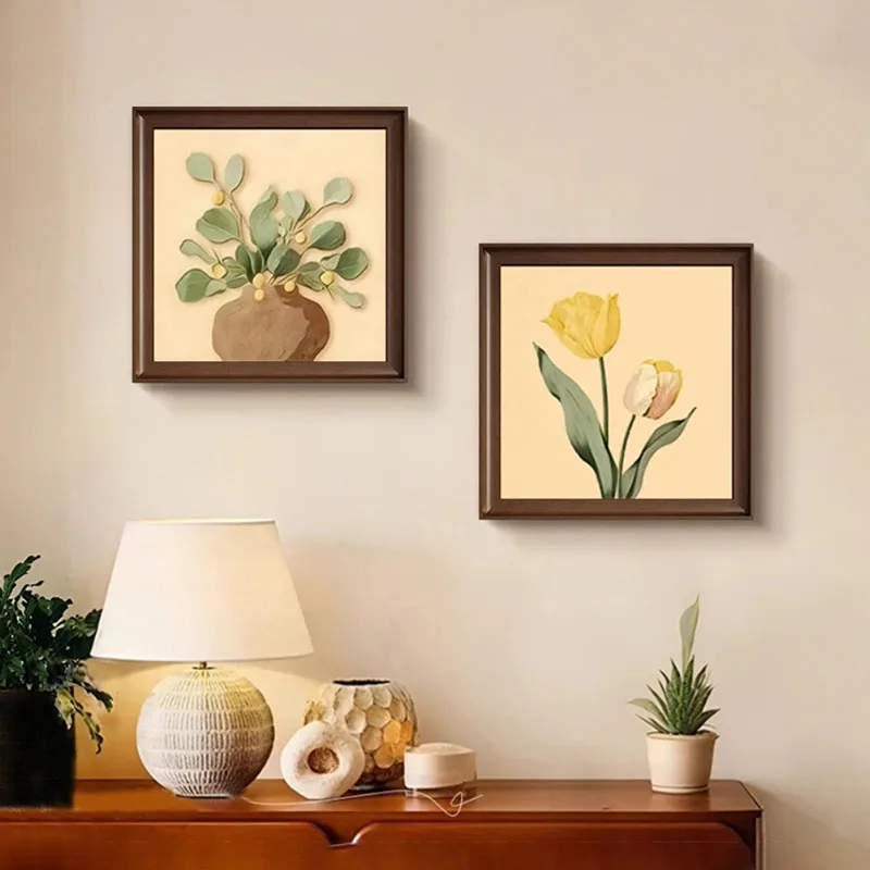 Minimalist Floral Wall Art 2pcs Set Eucalyptus Vase & Yellow Tulip Canvas Prints Neutral Tone Botanical Poster for Home Decor