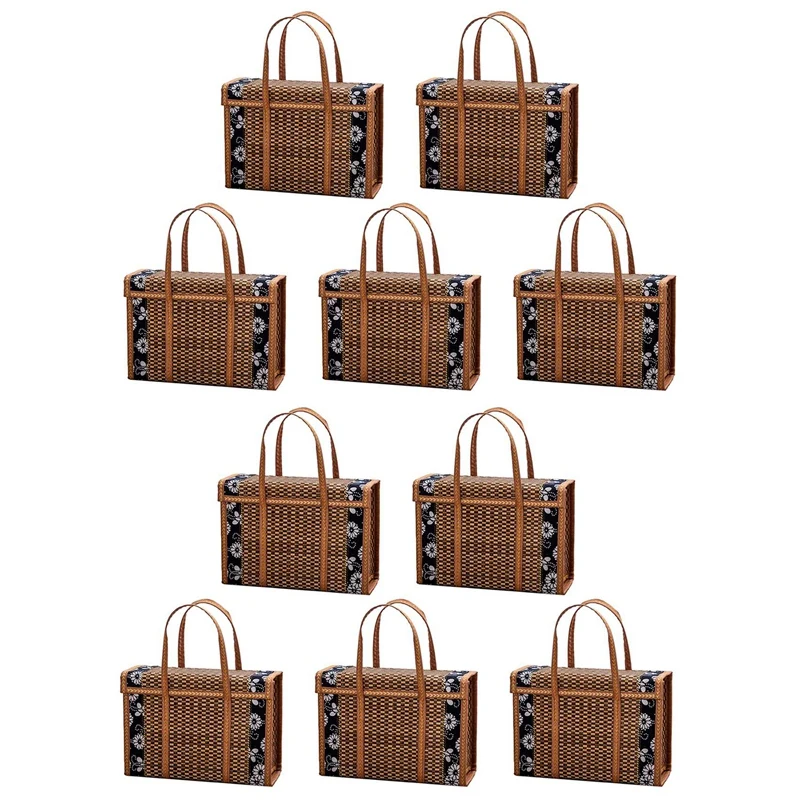 

JHD-10X Picnic Woven Basket Wicker Storage Bag Handle Folded Fruit Shopping Food Handle Rattan Grass Foldable Bamboo Basket