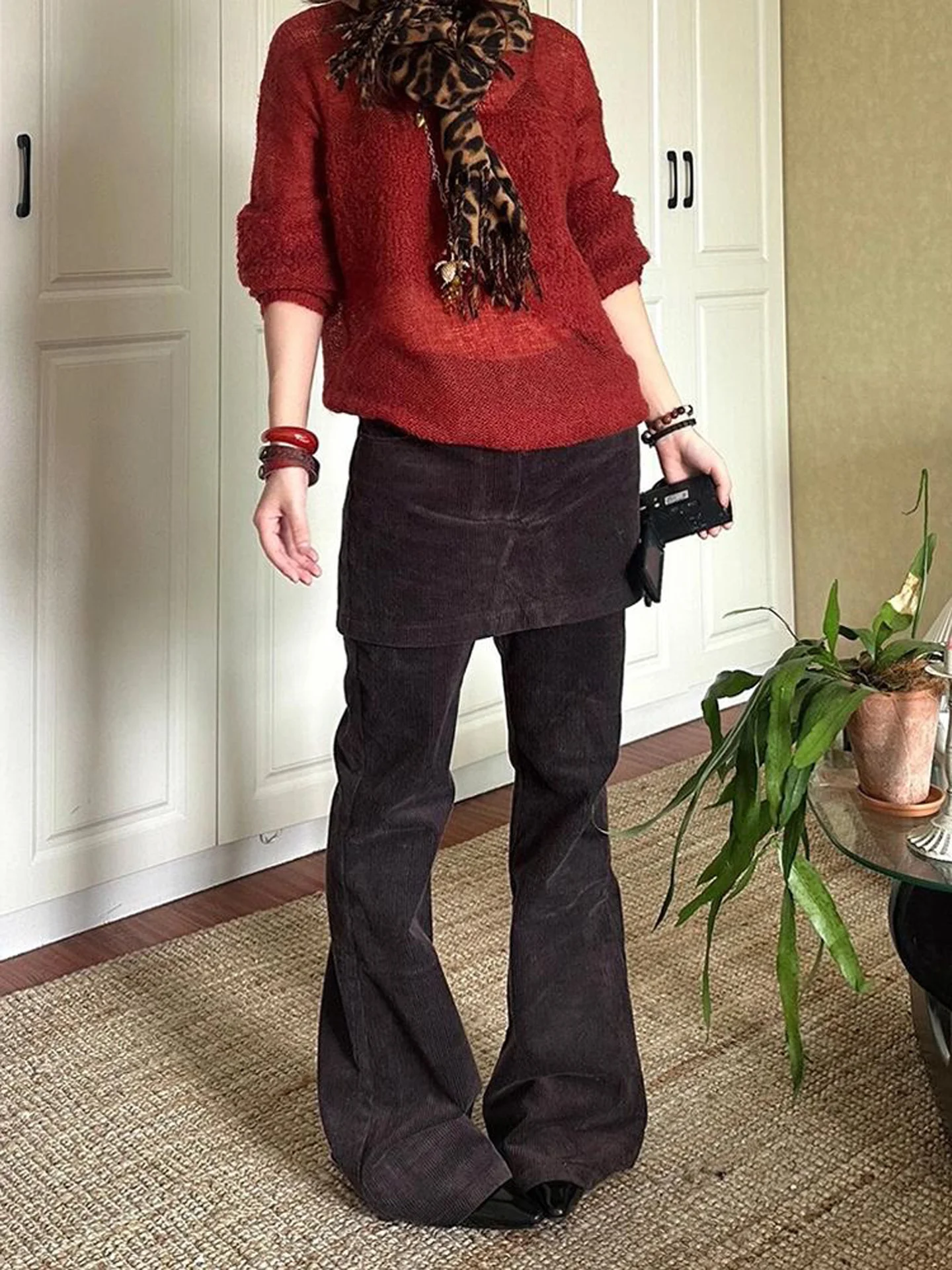 Retro American Faux Two-Piece Corduroy Pants Women's Fall New Spicy Design Versatile Micro Flared Floor-Length Casual Trousers
