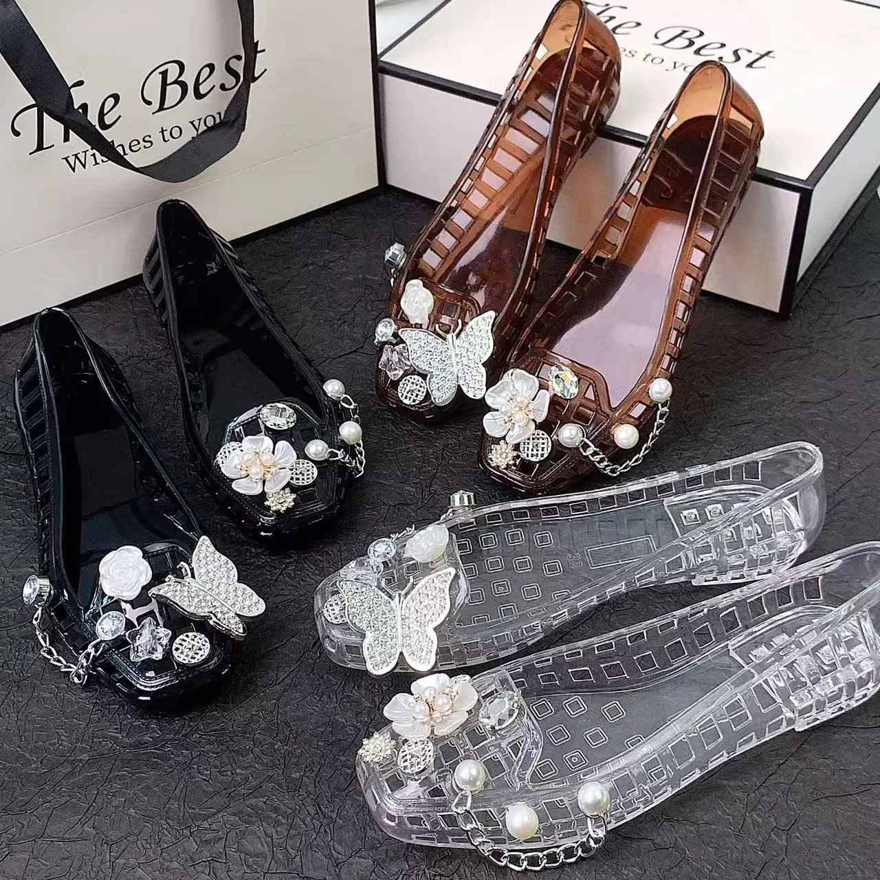 Jelly Women's Shoes for Summer, New Style Silver Butterfly White Flower Set Accessories, Crystal Transparent Square-Toed Women's Sandals, Slip-On Slippers