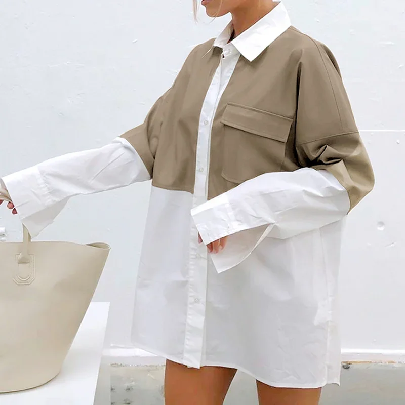 ButtonShirt PU Leather Loose Long-sleeved Casual Shirt Stitching Lapel Overalls Mid-length Tops Women's Shirts Street Tops