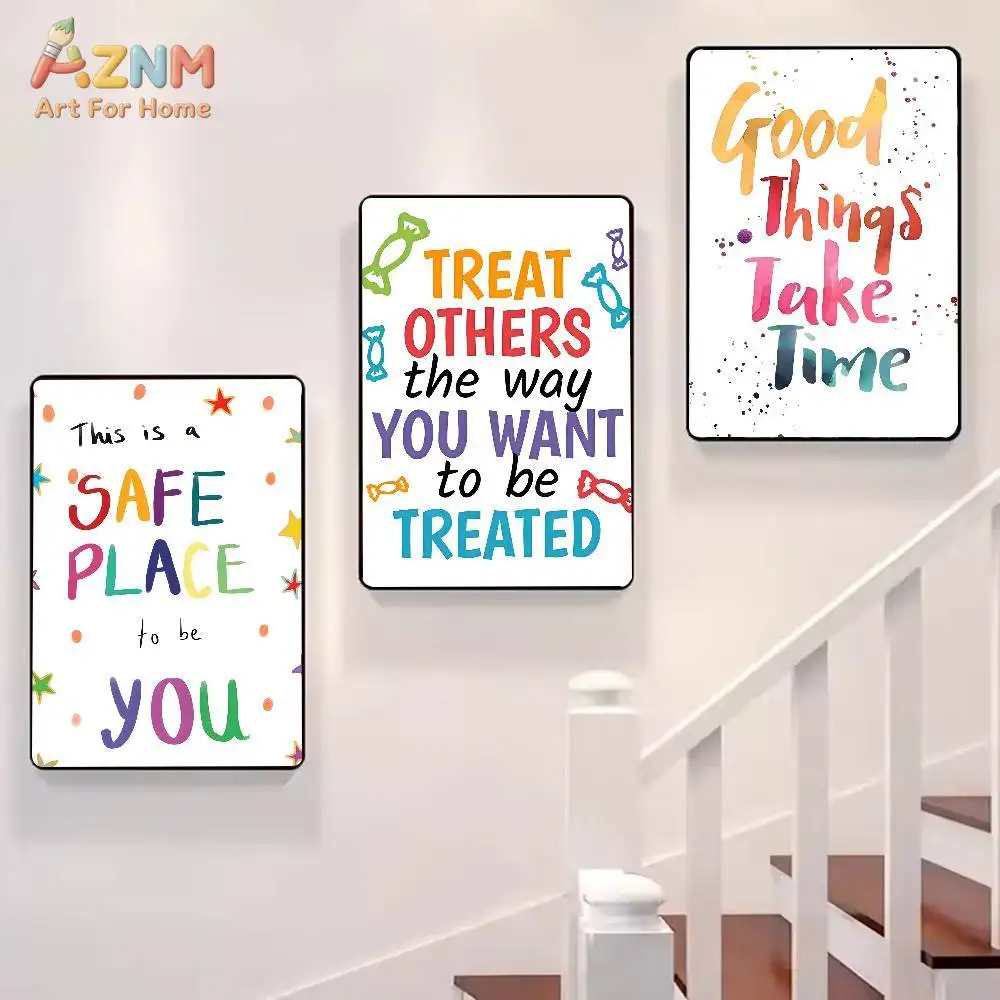 AZNM Colorful Positive Quote Canvas Wall Art Kindness Motivational Phrases Friendly Classroom Preschool Kids Playroom Educationa