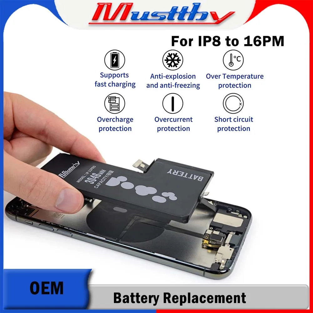 Musttby 2pc High Quality Battery For iPhone 15 16 16Pro 7 8 11 12 Pro MAX 14 15 SE2 Plus X XR Xs Max Phone Bateria Replacement