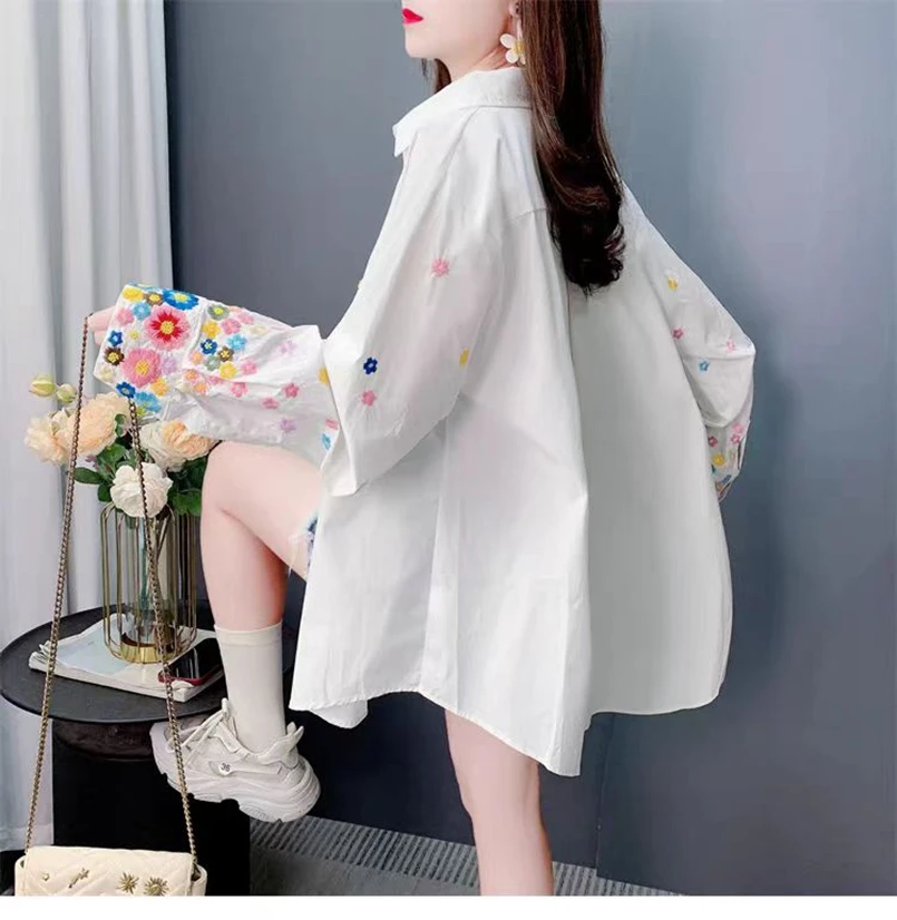 2023 frühling Sommer Trend Stickerei Baumwolle Blusen Shirts Für Frauen Lange Hülse Lose Beiläufige Shirts Tops Camisas De Mujer