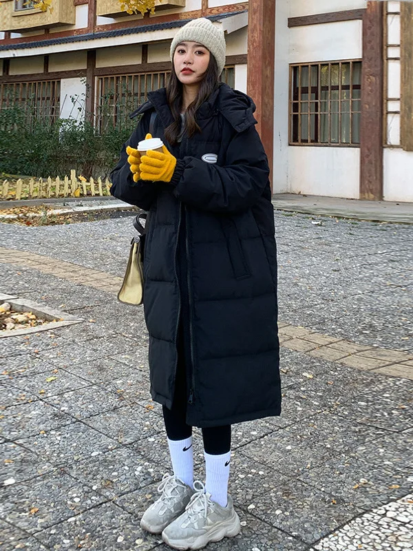 

Женская удлиненная теплая хлопковая куртка-пальто выше колена, свободного кроя, зимняя верхняя одежда в корейском стиле, вязаная из полиэстера